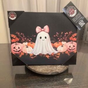 Cute Ghost Canvas with Pink Bow